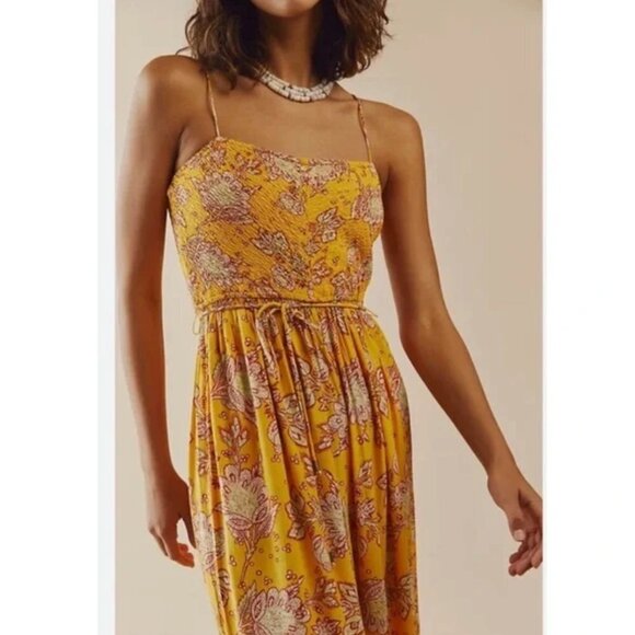 NEW Free People Yellow Printed Flowy Wide Leg Smocked Jumpsuit - Picture 3 of 11